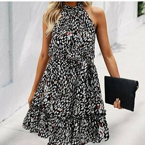 Xl Halter Neck Dress Sleeveless Casual Ruffle Floral Polka Dot Leopard Print